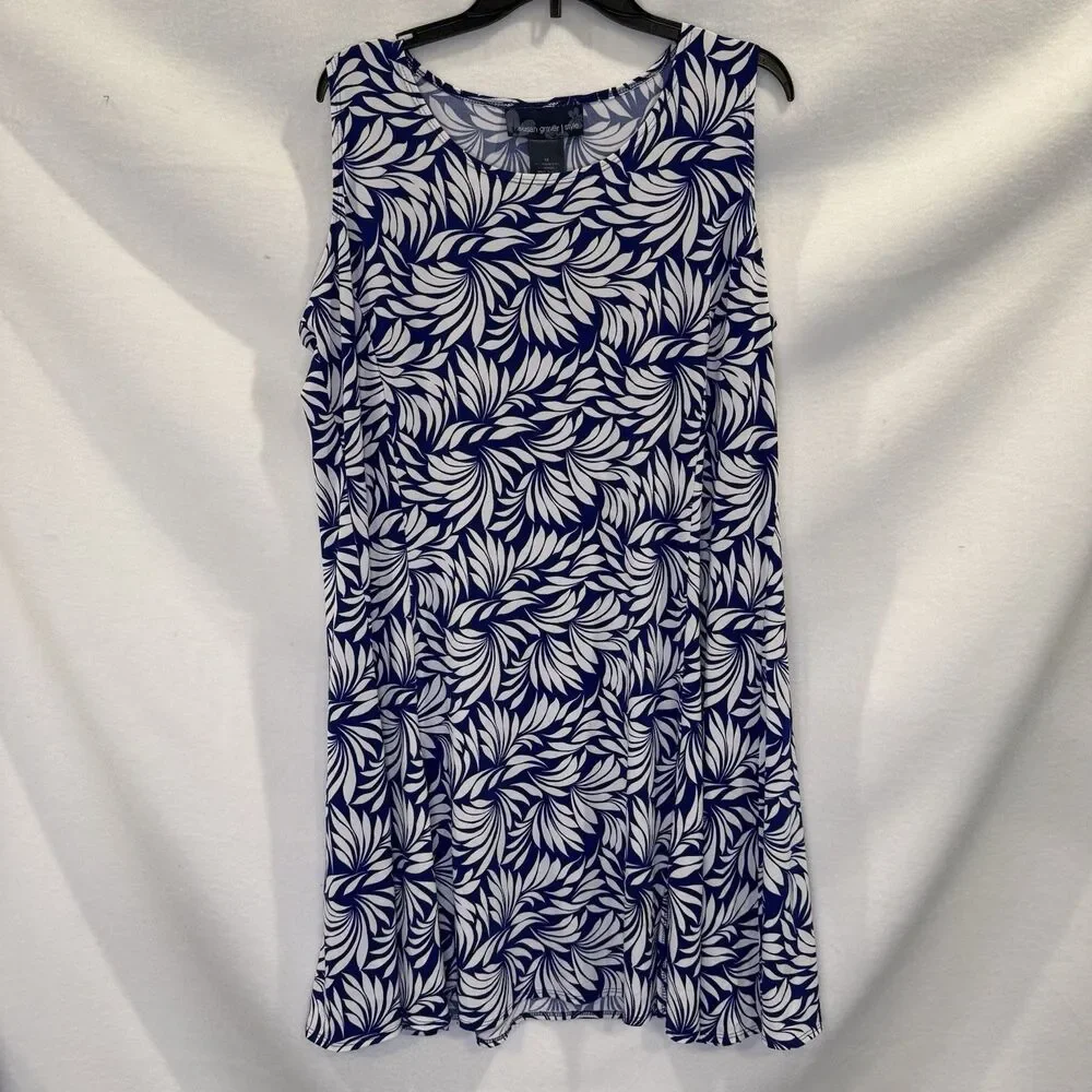 Susan Graver Blue White Tropical Palm Leaf Print Sleeveless Midi Dress 1X - Picture 1 of 7